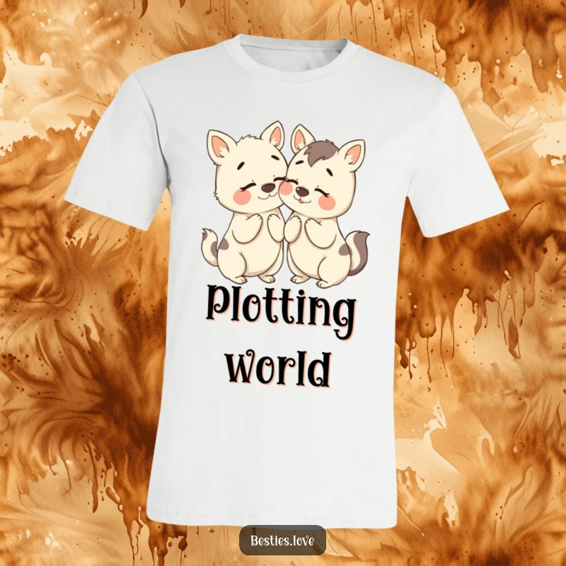 Funny Bestie Animals T-Shirt: Two best friends humorously whispering secrets with over-the-top expressions, showcasing camaraderie.