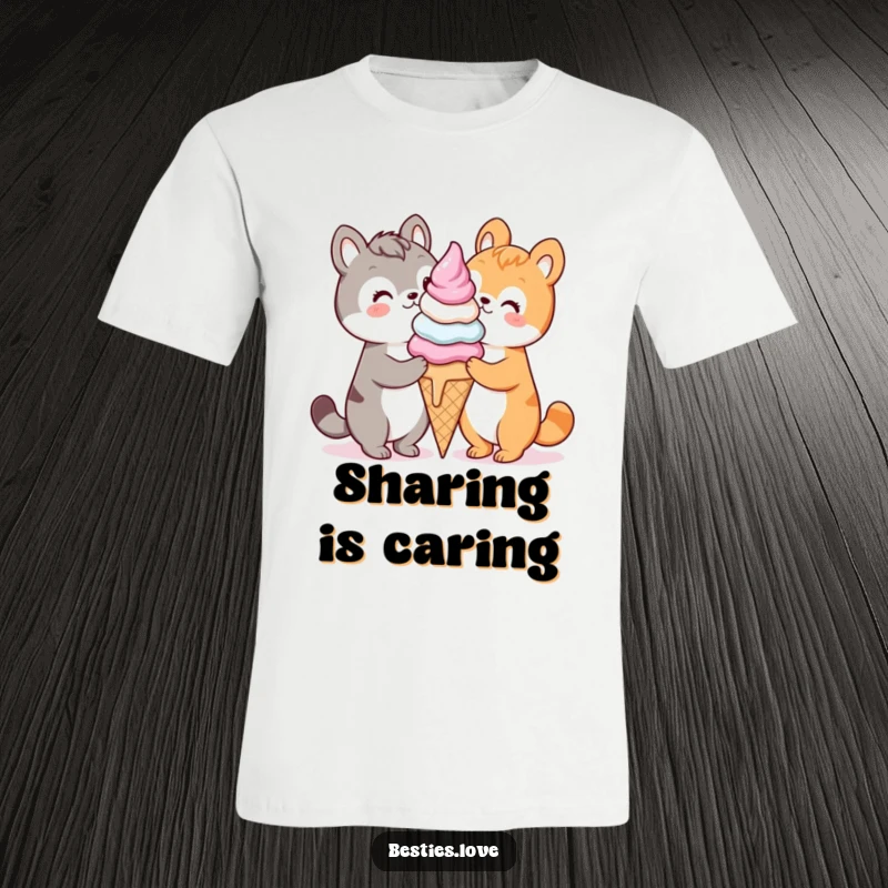 Funny kawaii animals sharing a giant ice cream cone, a sweet and humorous t-shirt design, great gift.