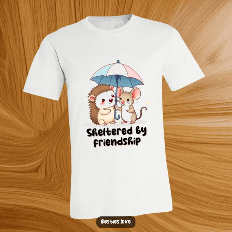 Funny t-shirt featuring a bashful hedgehog and a courageous mouse sharing a very small umbrella, sticking together against the elements.