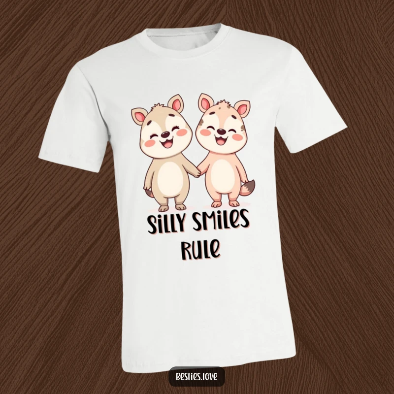 Funny Pals T-Shirt featuring two silly animals holding hands, their faces beaming with broad smiles, designed for pure happiness.