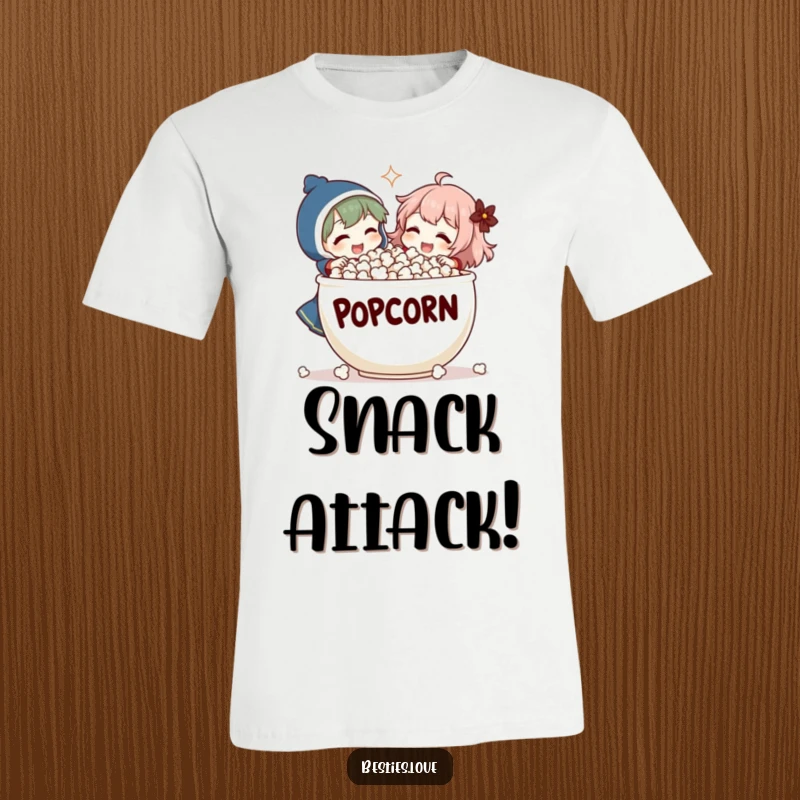 Funny T-Shirt: Two friends share a giant bowl of popcorn and roar with laughter, embodying a hilarious and relatable movie-watching moment.