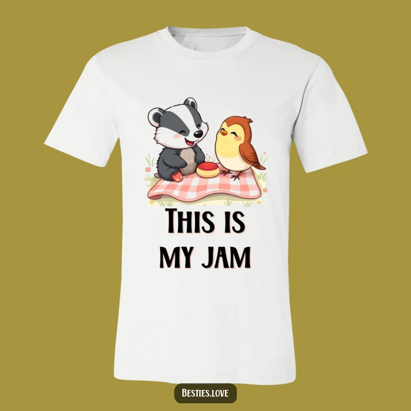 Funny Picnic Pals T-Shirt: Happy Badger & Robin Laughing Together, Ideal Funny Gift