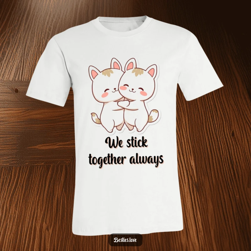 Funny T-Shirt: Two adorable, round animal shapes hugging tightly with joyful expressions, symbolizing friendship and happiness.