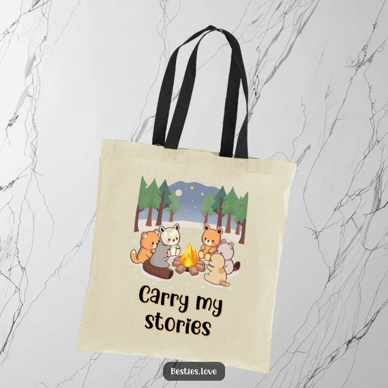 Funny kawaii animals gathered around a campfire telling stories, a practical and humorous tote bag, great gift.