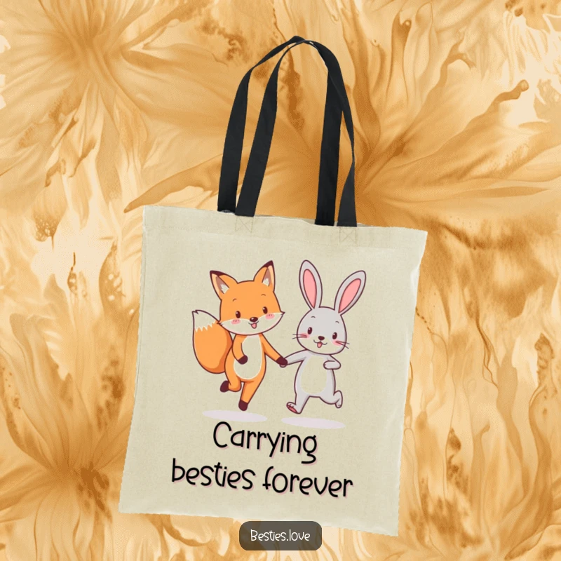Funny fox and rabbit best friends tote bag, showing them skipping enthusiastically hand-in-hand, perfect for carrying happy memories.