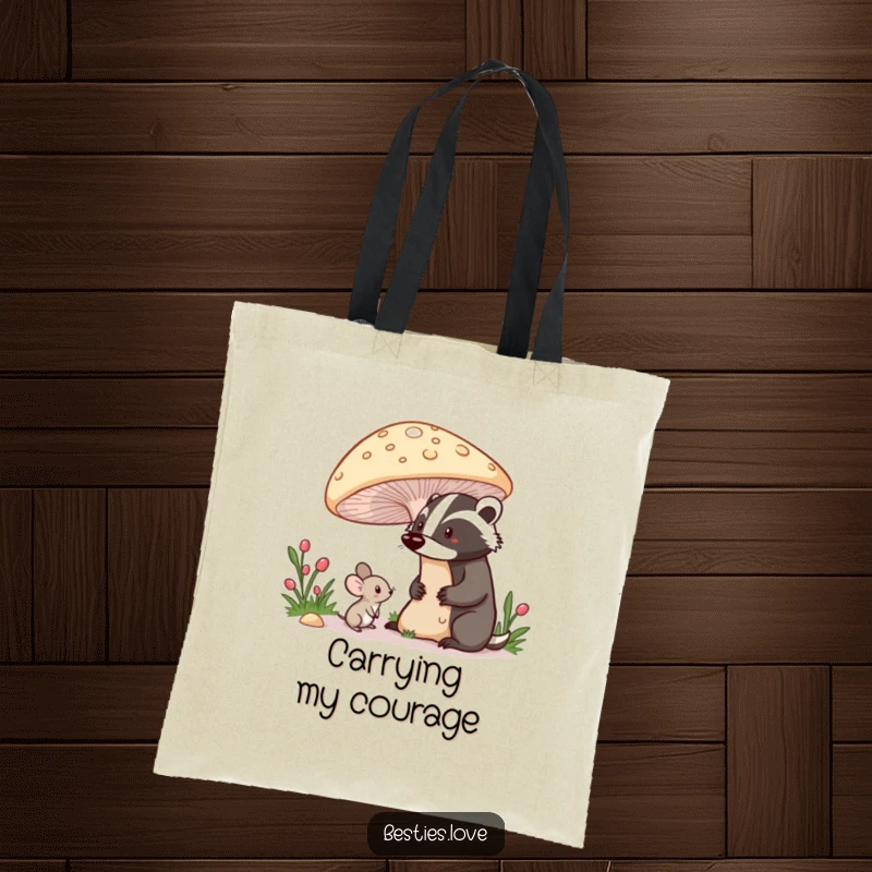 Funny tote bag showing a shy mouse peeking from under a mushroom at a proud badger, perfect for carrying items with forest flair.