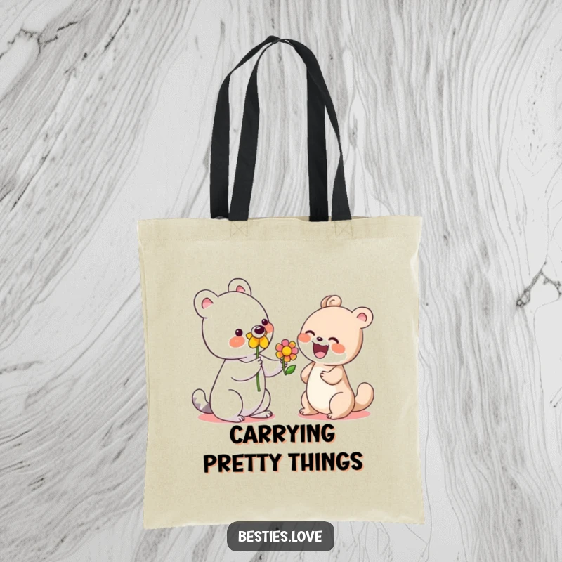 Funny tote bag showing a cute animal presenting a flower to a laughing friend, perfect for carrying essentials with joy.