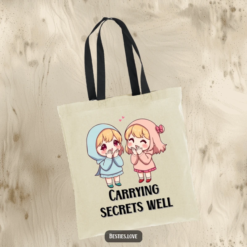 Funny Secret Sharing Friends Tote Bag with two pals engaged in exaggerated whispering, sharing a humorous secret.