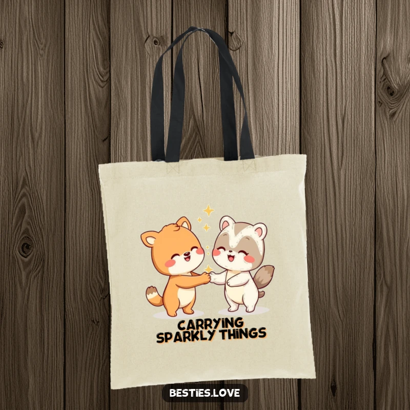 Funny animal tote bag showcasing two smiling characters in a silly handshake motion, adorned with sparkling effects for extra flair.