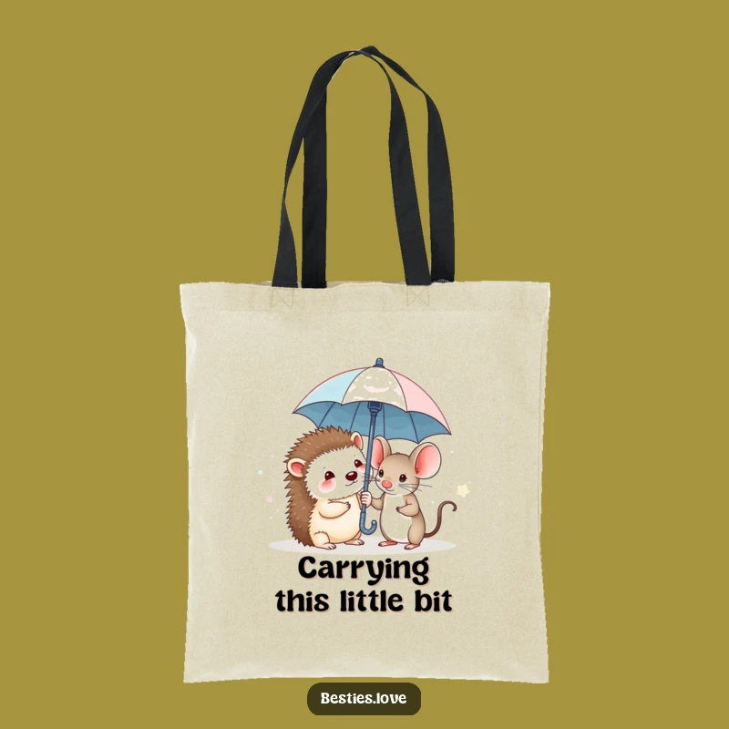 Funny Hedgehog & Mouse Tote Bag: Carry Friendship & Tiny Umbrella Adventures