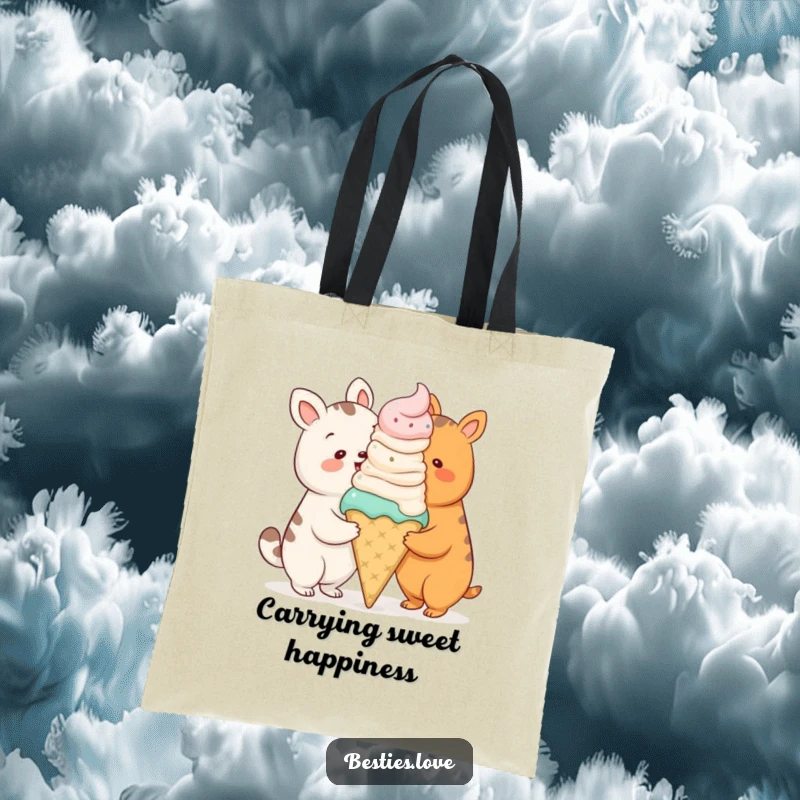 Funny tote bag with two cartoon animals sharing a huge ice cream cone, symbolizing fun and friendship.