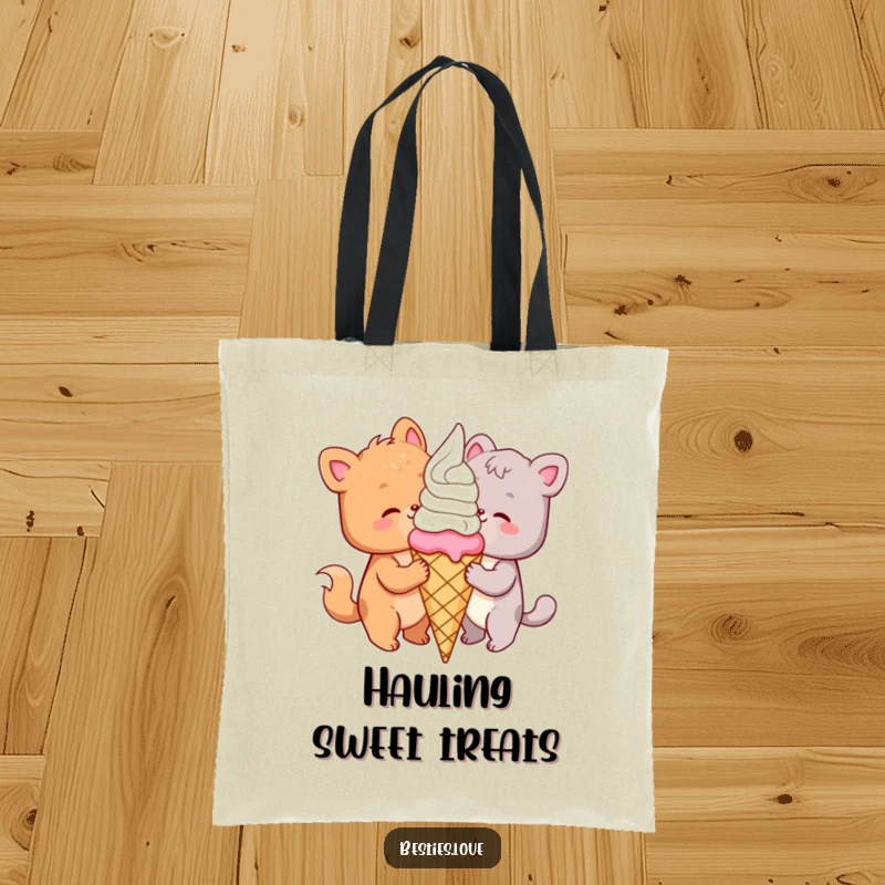 Funny animal tote bag illustrating two happy companions sharing an enormous ice cream cone, a perfect symbol of shared joy.