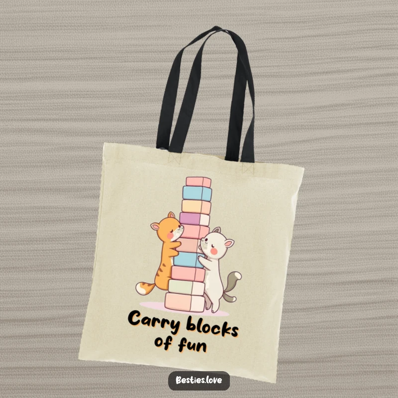 Funny bestie tote bag, two animal characters working together to build a very tall tower of blocks, friendship and teamwork.