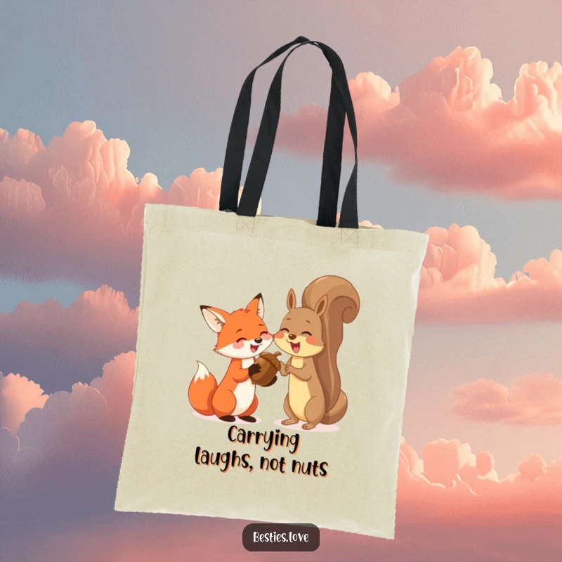 Funny tote bag featuring a happy fox and a bouncy squirrel sharing a huge acorn and giggling, perfect for carrying essentials with humor.