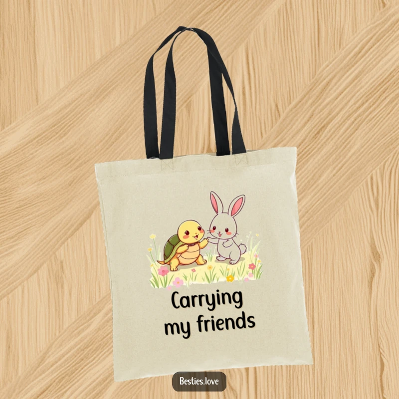 Funny Tote Bag: A shy turtle and an energetic rabbit playing tag in a meadow, a humorous and practical accessory for daily life.