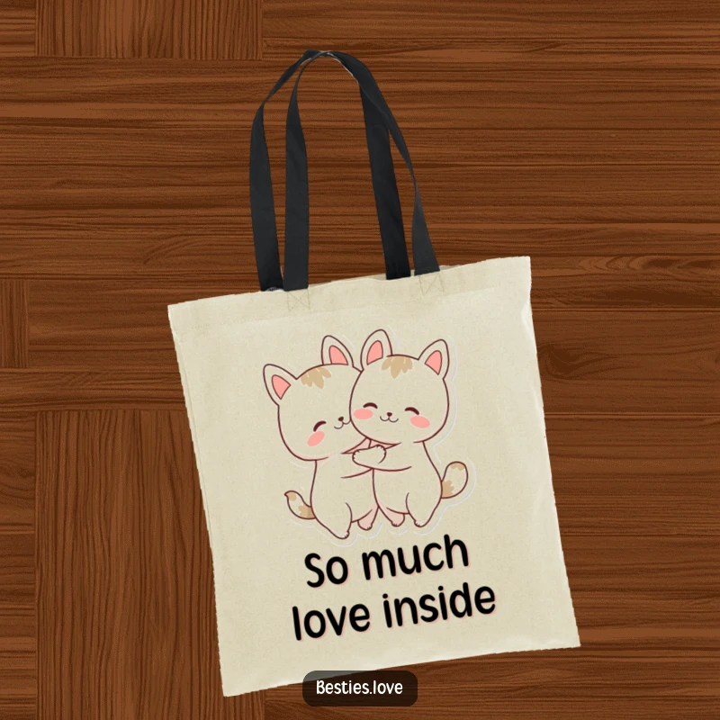 Funny Tote Bag: Two cute animal figures in a joyful, tight hug, offering a humorous and practical everyday accessory.