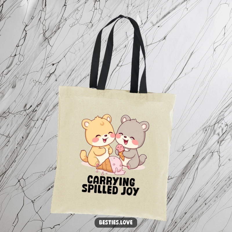 Funny animal pals tote bag, two cute creatures sharing giggles over a dropped ice cream cone, a delightful accessory.