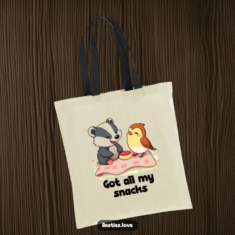 Funny Tote Bag: A happy badger and a cheerful robin enjoying a picnic, sharing a laugh, a delightful and humorous accessory.