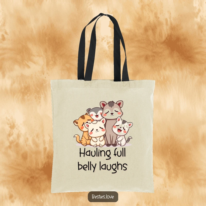 Funny animal tote bag featuring a group of whimsical friends laughing heartily, eyes glistening with tears of pure amusement.