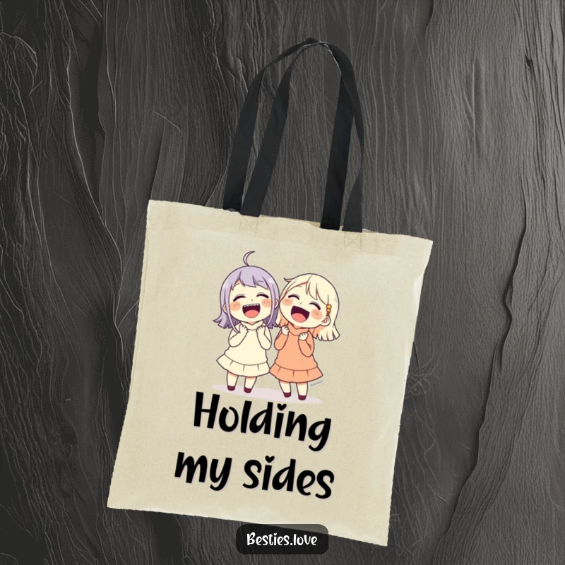 Funny friends laughing uncontrollably, holding their sides, a humorous and practical tote bag.