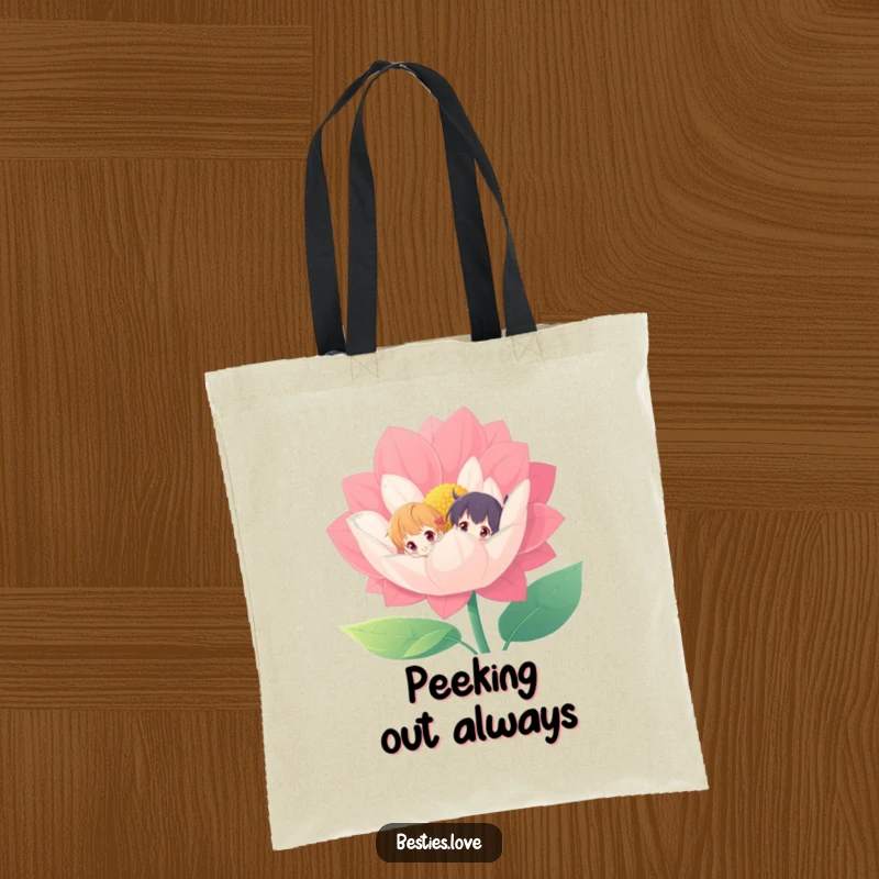 Funny tote bag with two characters peeking from behind a giant, vibrant flower, perfect for carrying items with playful flair.